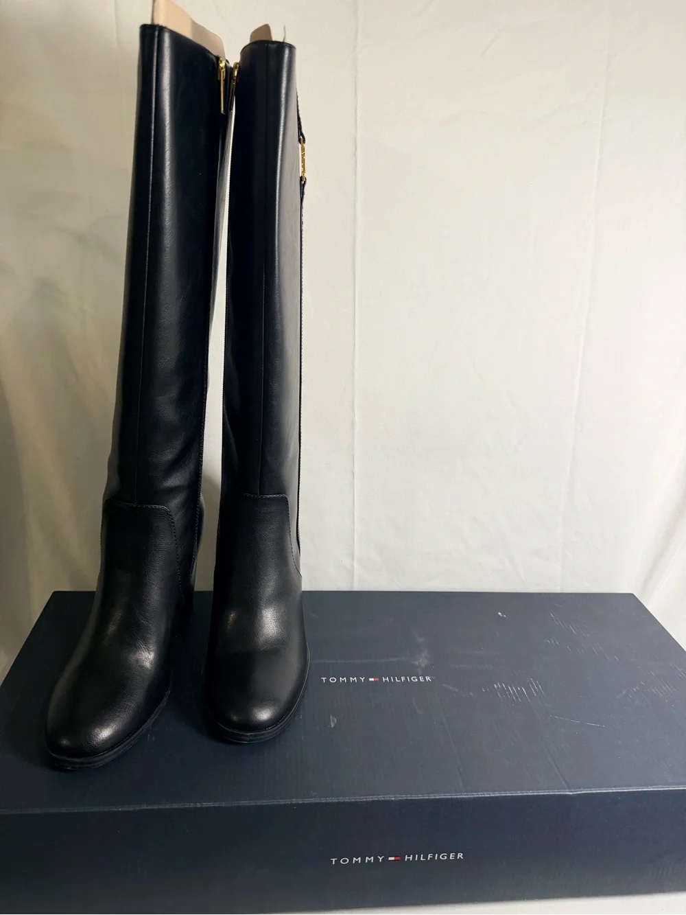 Tommy Hilfiger Black Leather Over-the-Knee Riding Boots with Gold Logo